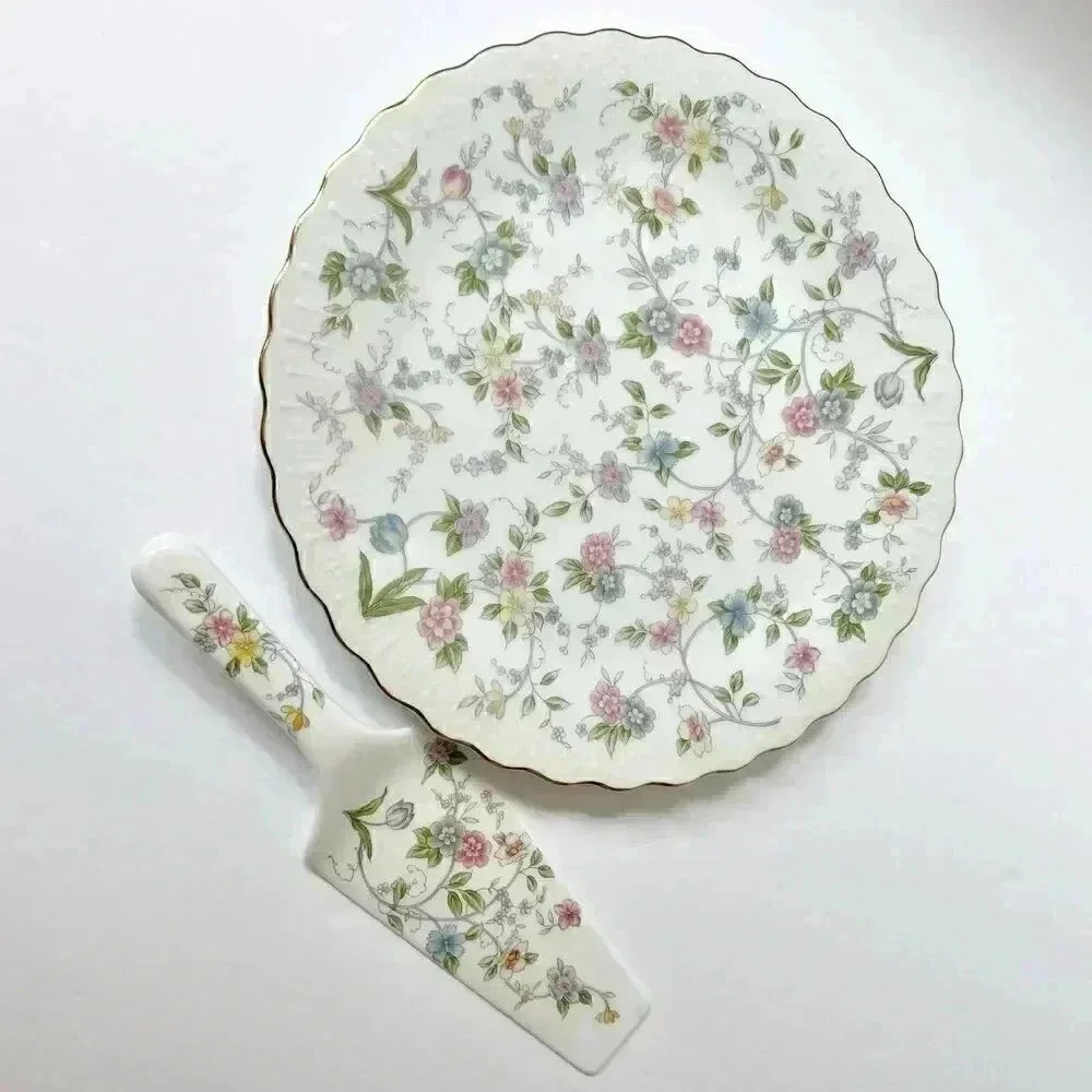 ANDREA by SADEK,Cake Plate Server Scalloped Rim & Gold Gilt Edge, 2 Piece Set